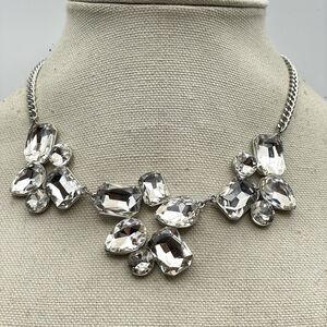 Bold Chunky Silver Tone White Glass Rhinestone Necklace Bib Boho Statement